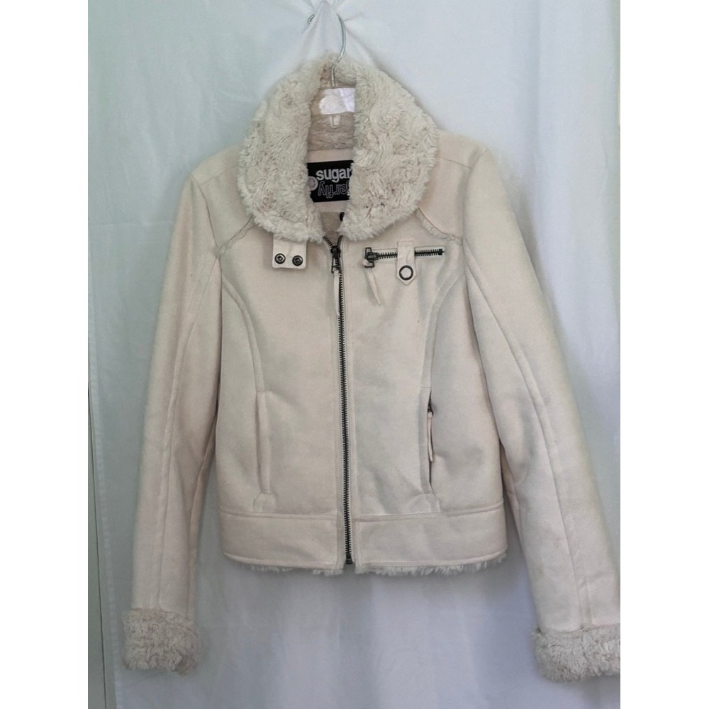 Sugarfly Faux Suede Moto Jacket Cream Sherpa Collar & Trim Womens Large
